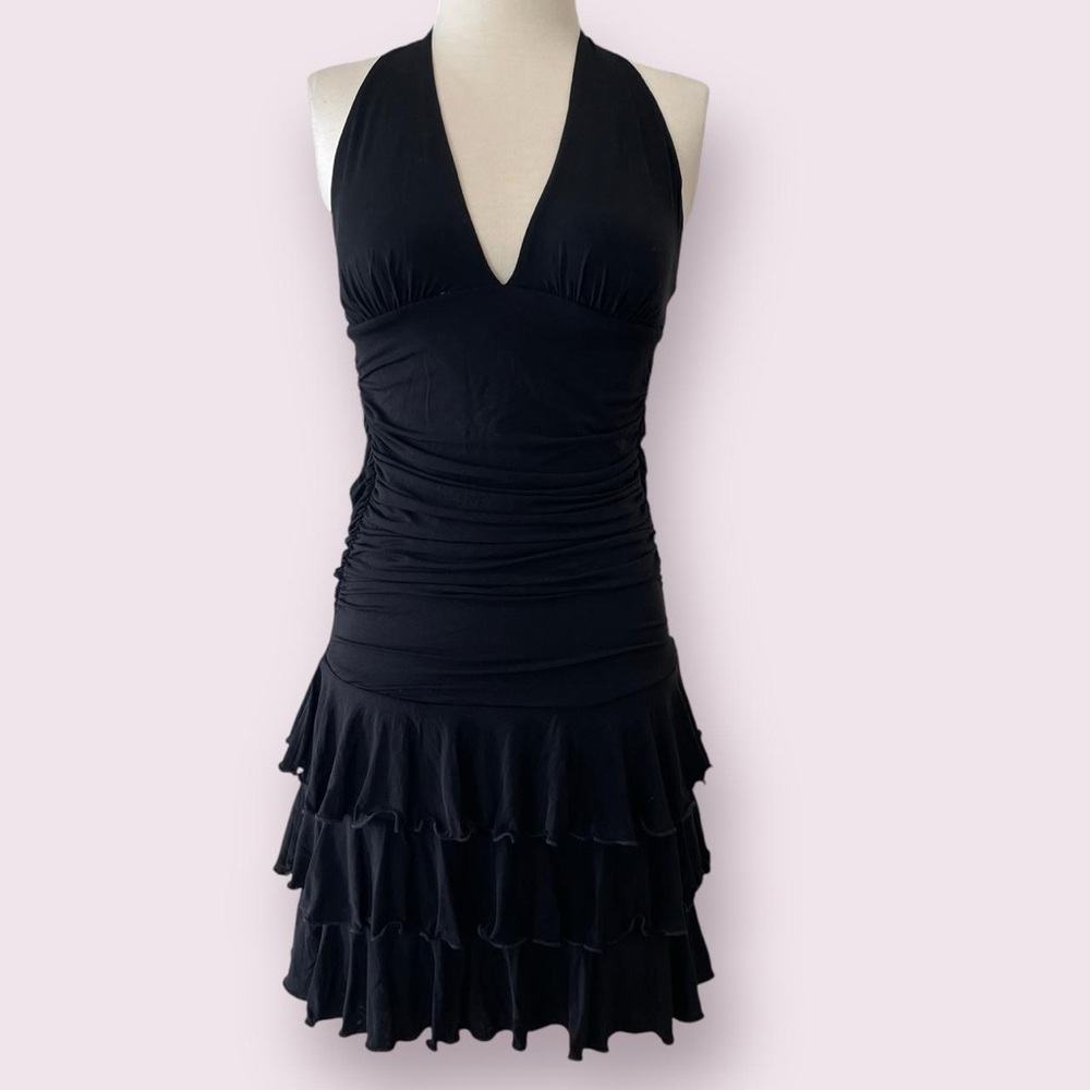 Bebe Black halter dress with ruffled detail
